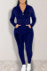 Deep Blue Casual Print Patchwork Zipper Hooded Collar Long Sleeve Two Pieces