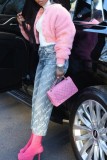 Pink Casual Solid Cardigan O Neck Outerwear
