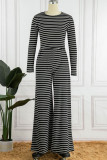 Coffee Casual Striped Print Patchwork O Neck Long Sleeve Two Pieces