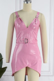 Pink Sexy Solid Patchwork Backless V Neck Sleeveless Dress Dresses