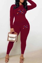Burgundy Casual Print Letter O Neck Long Sleeve Two Pieces