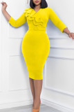 Yellow Casual Solid Patchwork Flounce O Neck One Step Skirt Dresses