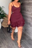 Burgundy Sexy Casual Solid Spaghetti Strap Wrapped Skirt Dresses