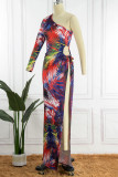 Colour Sexy Casual Print Bandage Slit Oblique Collar Long Sleeve Dresses