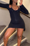 Black Sexy Solid Hollowed Out Patchwork Asymmetrical Irregular Dress Dresses