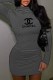 Dark Gray Sexy Print Letter Half A Turtleneck A Line Dresses