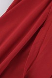 Red Fashion Sexy Solid Bandage Backless Slit O Neck Regular Jumpsuits