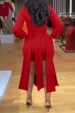 Red Casual Solid Hollowed Out Patchwork Asymmetrical O Neck Long Sleeve Two Pieces