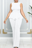 Blue Casual Solid Patchwork Flounce O Neck Straight Jumpsuits