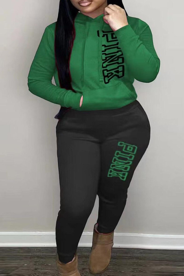 Green Casual Print Patchwork Hooded Collar Long Sleeve Two Pieces