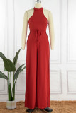 Red Fashion Sexy Solid Bandage Backless Slit O Neck Regular Jumpsuits