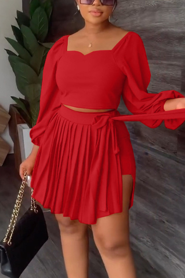 Red Casual Solid Bandage Patchwork Fold Square Collar Long Sleeve Two Pieces
