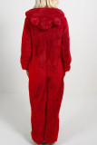 Rose Red Casual Living Solid Patchwork Hooded Collar Regular Jumpsuits