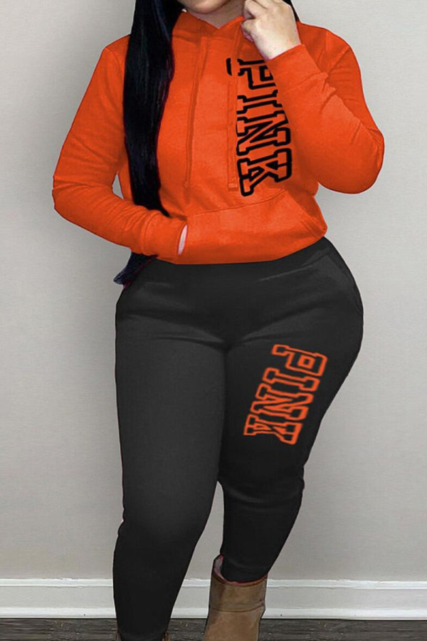 Tangerine Red Casual Print Patchwork Hooded Collar Long Sleeve Two Pieces