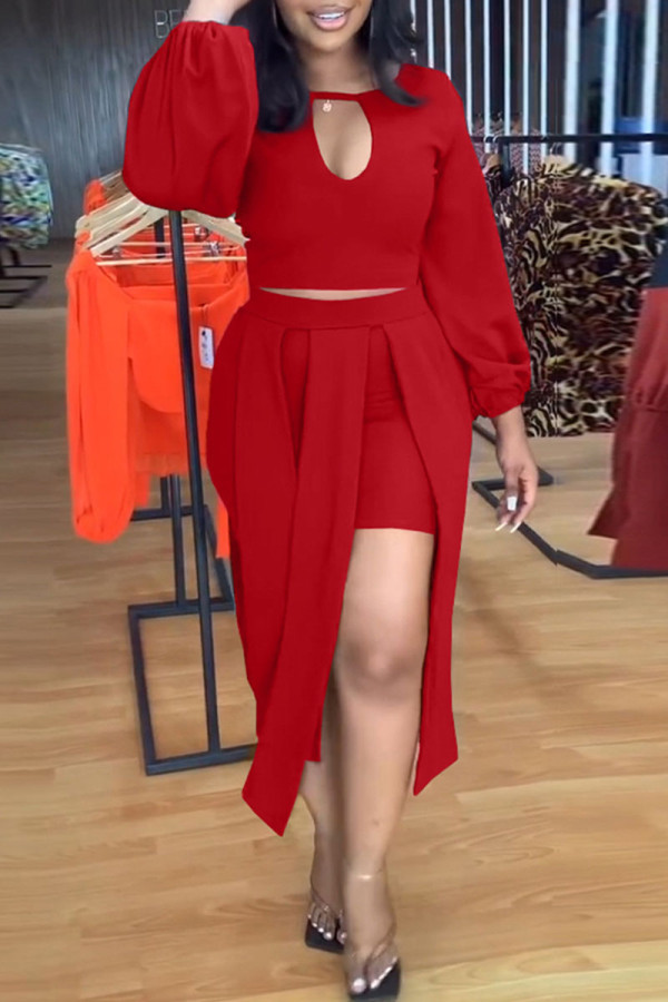 Red Casual Solid Hollowed Out Patchwork Asymmetrical O Neck Long Sleeve Two Pieces