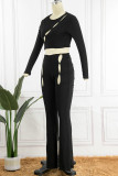 Black Sexy Casual Solid Hollowed Out O Neck Long Sleeve Two Pieces