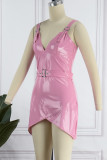 Pink Sexy Solid Patchwork Backless V Neck Sleeveless Dress Dresses