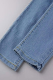 Light Blue Fashion Casual Solid Patchwork High Waist Skinny Denim Jeans