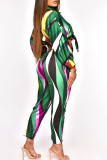 Green Sexy Print Bandage Patchwork Turndown Collar Long Sleeve Two Pieces