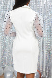 White Elegant Print Polka Dot Patchwork Buttons Turn-back Collar Straight Dresses