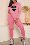 Pink Casual Print Patchwork O Neck Long Sleeve Two Pieces