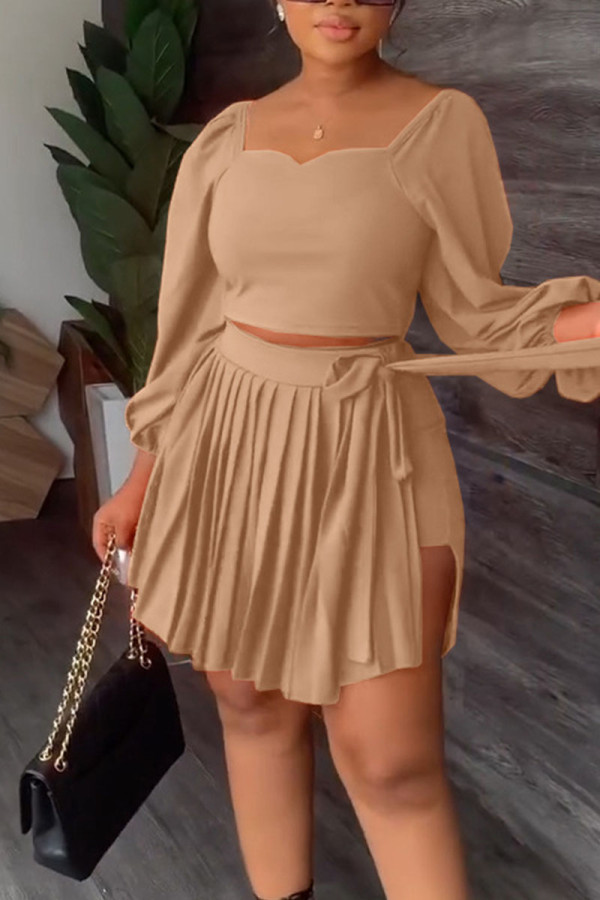 Khaki Casual Solid Bandage Patchwork Fold Square Collar Long Sleeve Two Pieces
