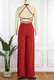 Red Fashion Sexy Solid Bandage Backless Slit O Neck Regular Jumpsuits
