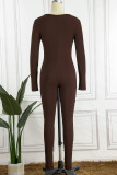 Dark Coffee Sexy Solid Basic V Neck Skinny Jumpsuits