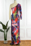 Colour Sexy Casual Print Bandage Slit Oblique Collar Long Sleeve Dresses