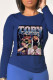 Navy Blue Vintage Print Patchwork O Neck Tops