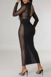 Black Sexy Solid Sequins Patchwork Half A Turtleneck Pencil Skirt Dresses