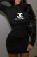 Black Sexy Print Letter Half A Turtleneck A Line Dresses