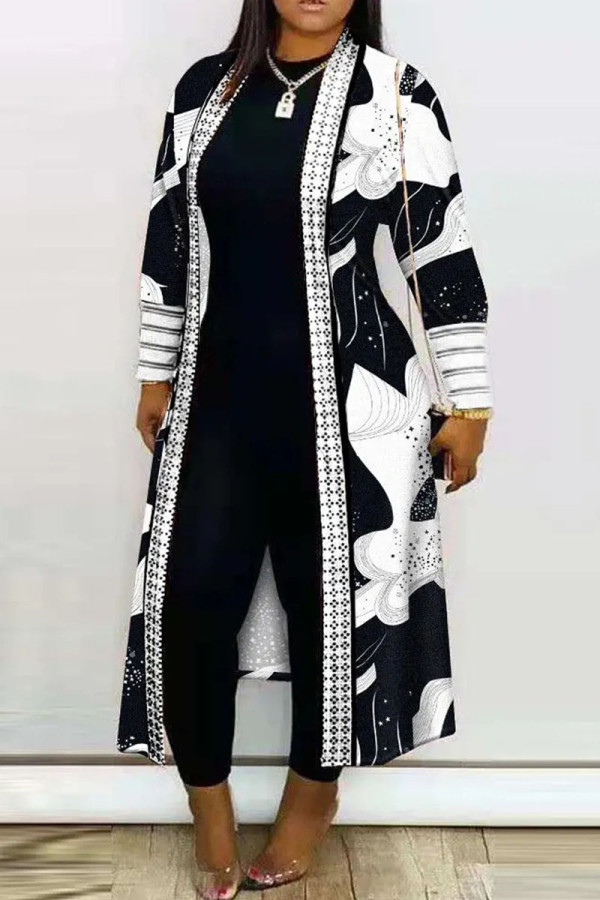 White Sexy Street Print Patchwork Cardigan Collar Outerwear