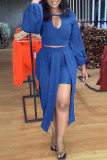 Red Casual Solid Hollowed Out Patchwork Asymmetrical O Neck Long Sleeve Two Pieces