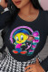 Black Cute Character Patchwork O Neck Tops