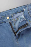 Medium Blue Fashion Casual Solid Patchwork High Waist Skinny Denim Jeans