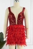 Red Sexy Solid Sequins Patchwork Feathers Off the Shoulder One Step Skirt Dresses