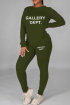 Army Green Casual Print Letter O Neck Long Sleeve Two Pieces