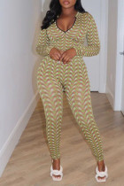 Yellow Sexy Print Patchwork Zipper Collar Long Sleeve Two Pieces