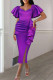 Purple Casual Elegant Solid Patchwork Flounce Fold V Neck Dresses