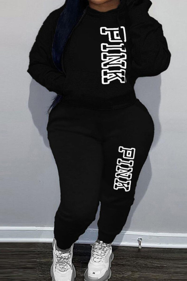 Black Casual Print Patchwork Hooded Collar Long Sleeve Two Pieces