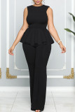Blue Casual Solid Patchwork Flounce O Neck Straight Jumpsuits