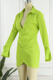Mustard Green Sexy Casual Solid Patchwork Turndown Collar Long Sleeve Dresses