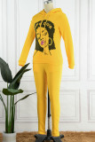 Yellow Casual Print Patchwork Hooded Collar Long Sleeve Two Pieces