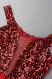 Red Sexy Solid Sequins Patchwork Feathers Off the Shoulder One Step Skirt Dresses