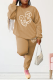 Khaki Street Print Patchwork O Neck Long Sleeve Two Pieces