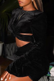 Black Sexy Solid Hollowed Out Patchwork Fold O Neck One Step Skirt Dresses