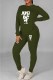 Army Green Casual Print Letter O Neck Long Sleeve Two Pieces