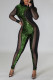 Green Sexy Solid Sequins Patchwork See-through O Neck Skinny Jumpsuits