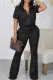 Black Casual Solid Patchwork Basic Zipper Collar Short Sleeve Two Pieces